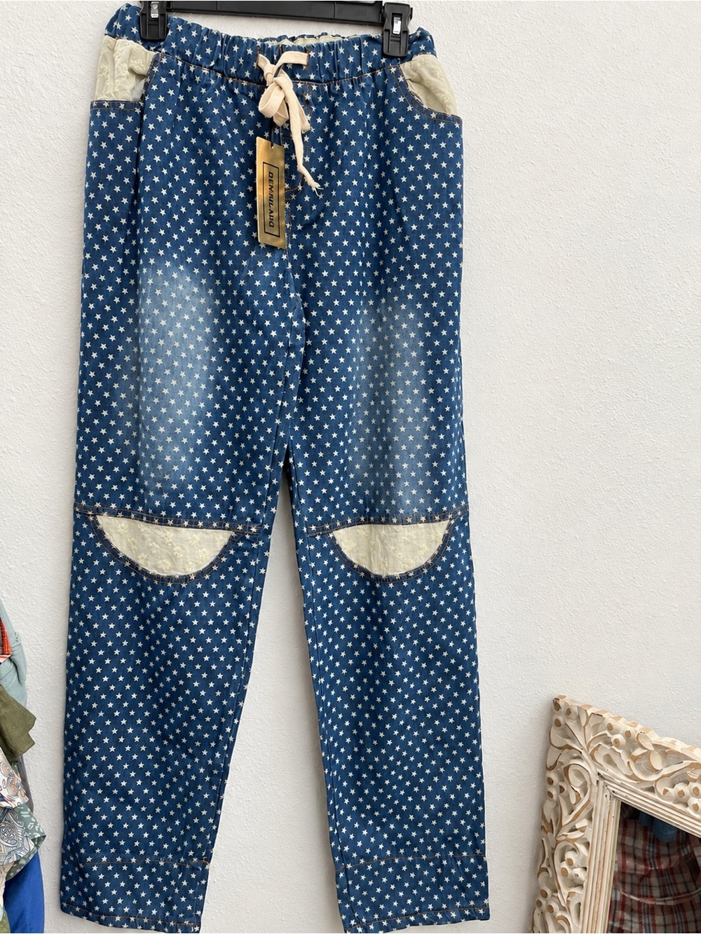 Navy Star Print Jogger Pants with Cream Accents